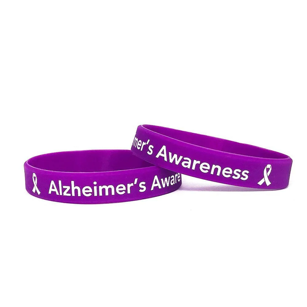Alzheimer's Awareness Purple Rubber Bracelet Wristband White Letters - Adult 8"