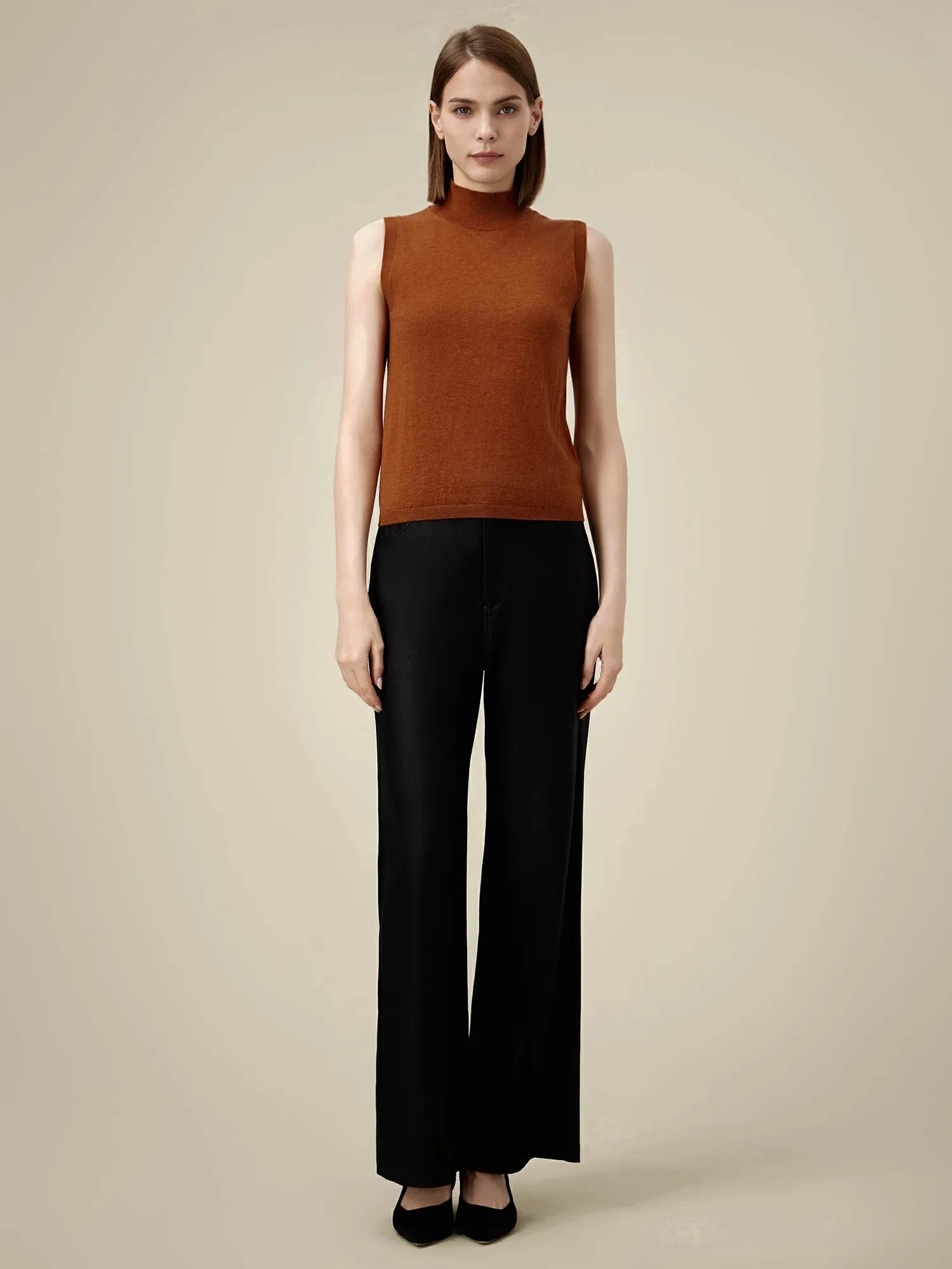 Amoretu Wool Mock Neck Sleeveless Sweater Vest Top