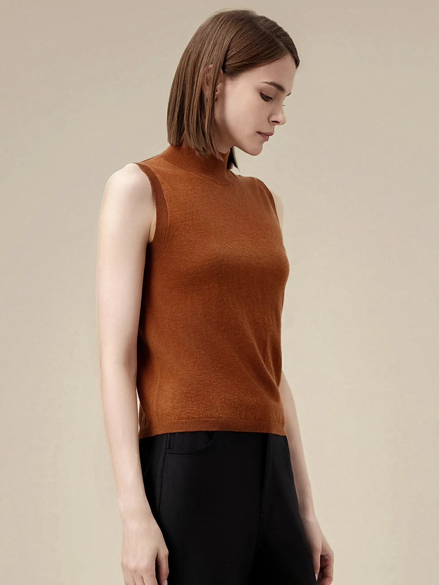 Amoretu Wool Mock Neck Sleeveless Sweater Vest Top