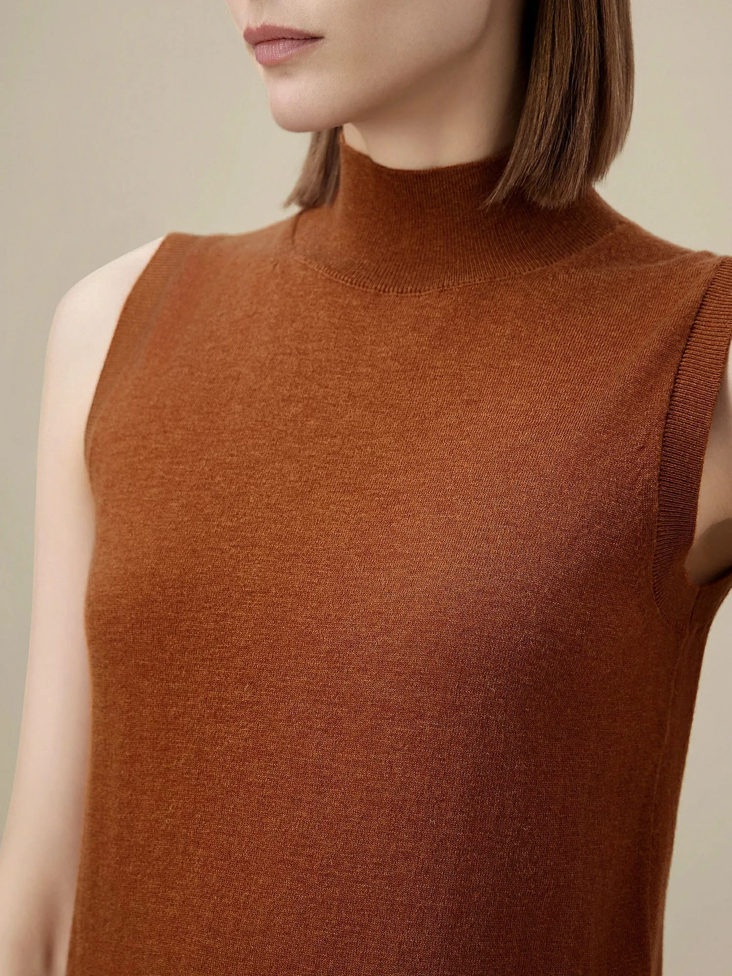 Amoretu Wool Mock Neck Sleeveless Sweater Vest Top