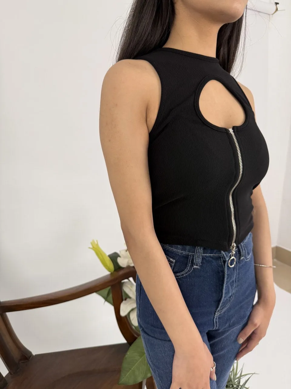 Black Cut-out Zip Tank Top
