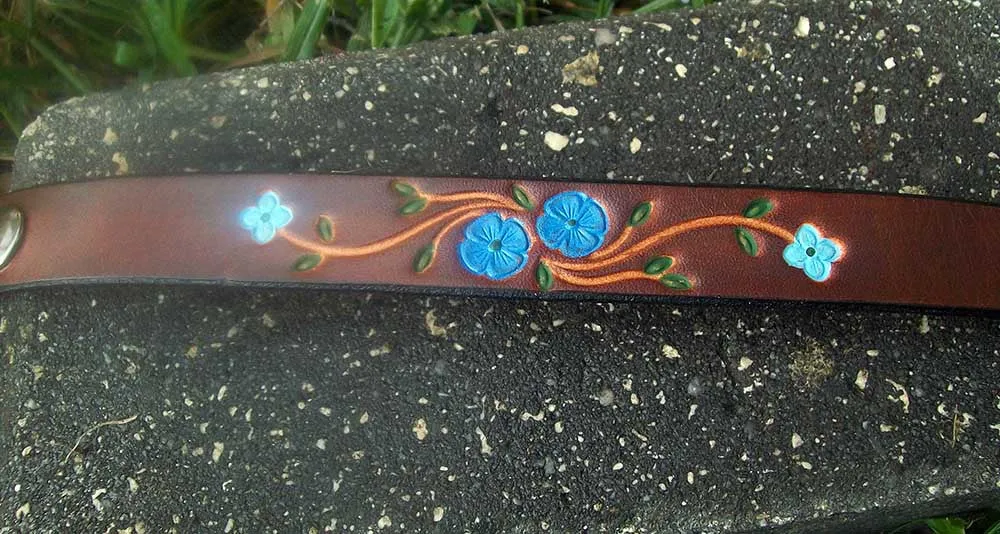 Blue Flowers Handmade Leather Wristband | 3/4"