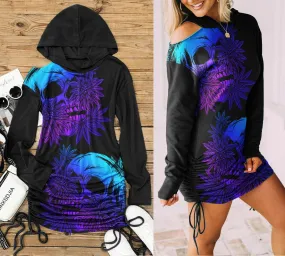Cannabis Skull Ruched Shoulder Cut Out Hoodie Dress