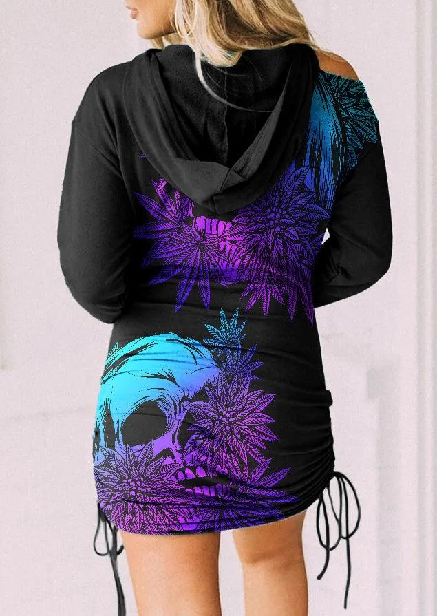 Cannabis Skull Ruched Shoulder Cut Out Hoodie Dress