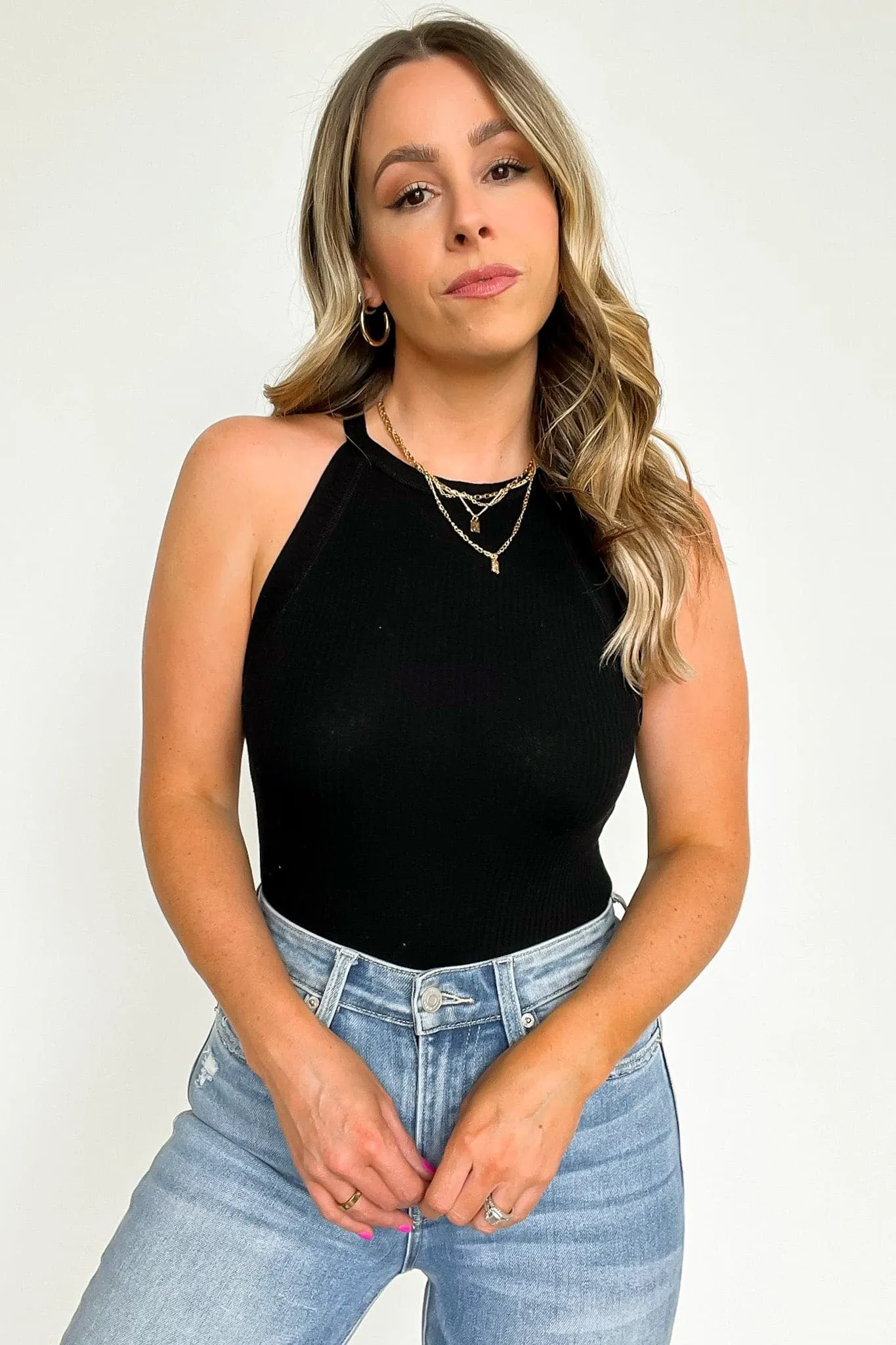 Delphina Ribbed High Neck Tank Top