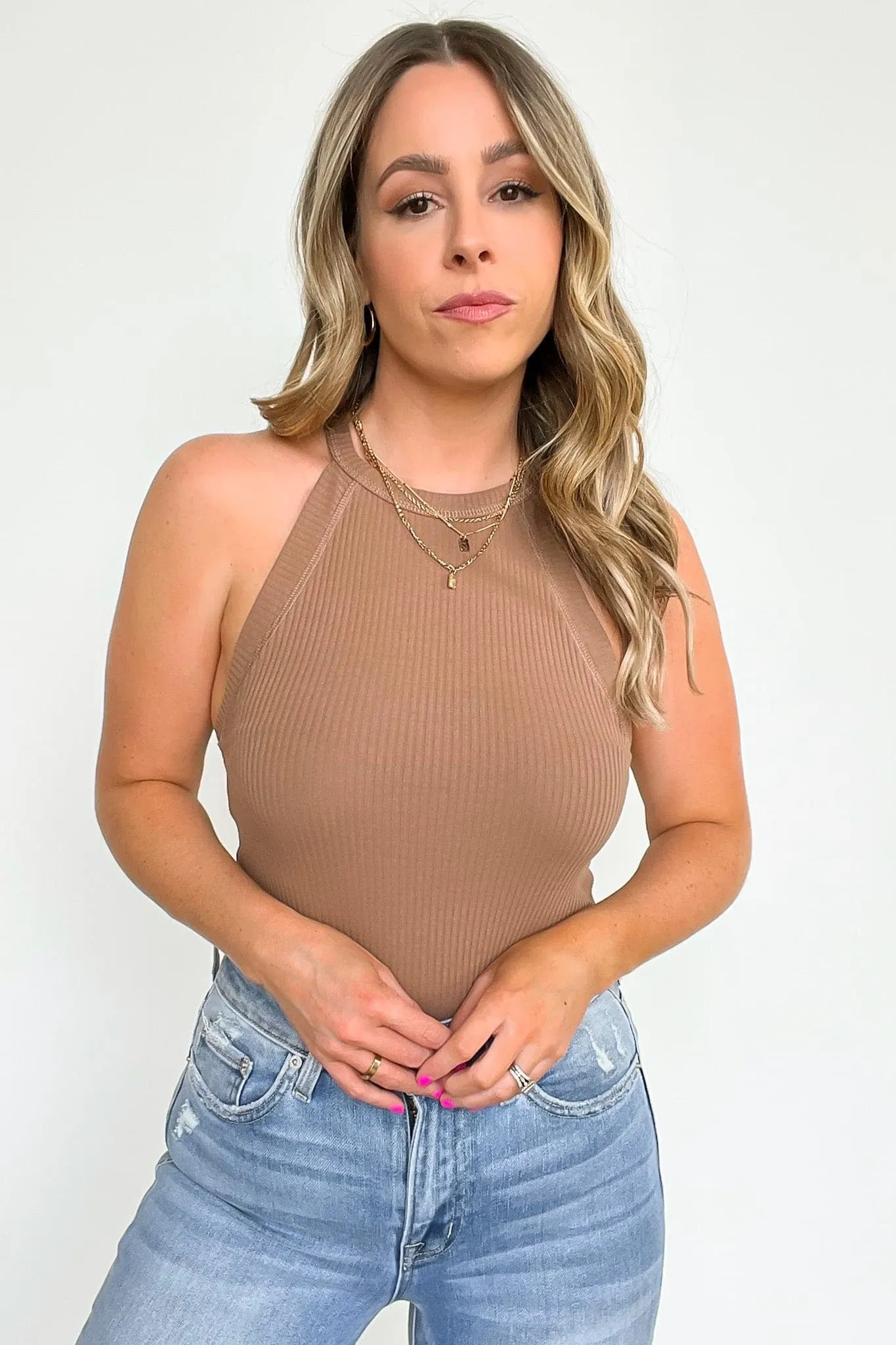 Delphina Ribbed High Neck Tank Top