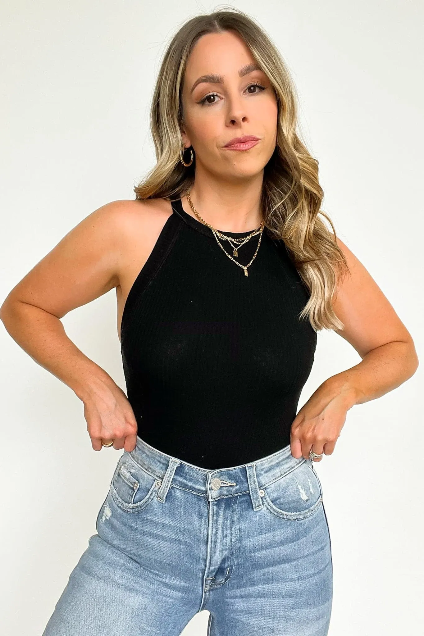 Delphina Ribbed High Neck Tank Top