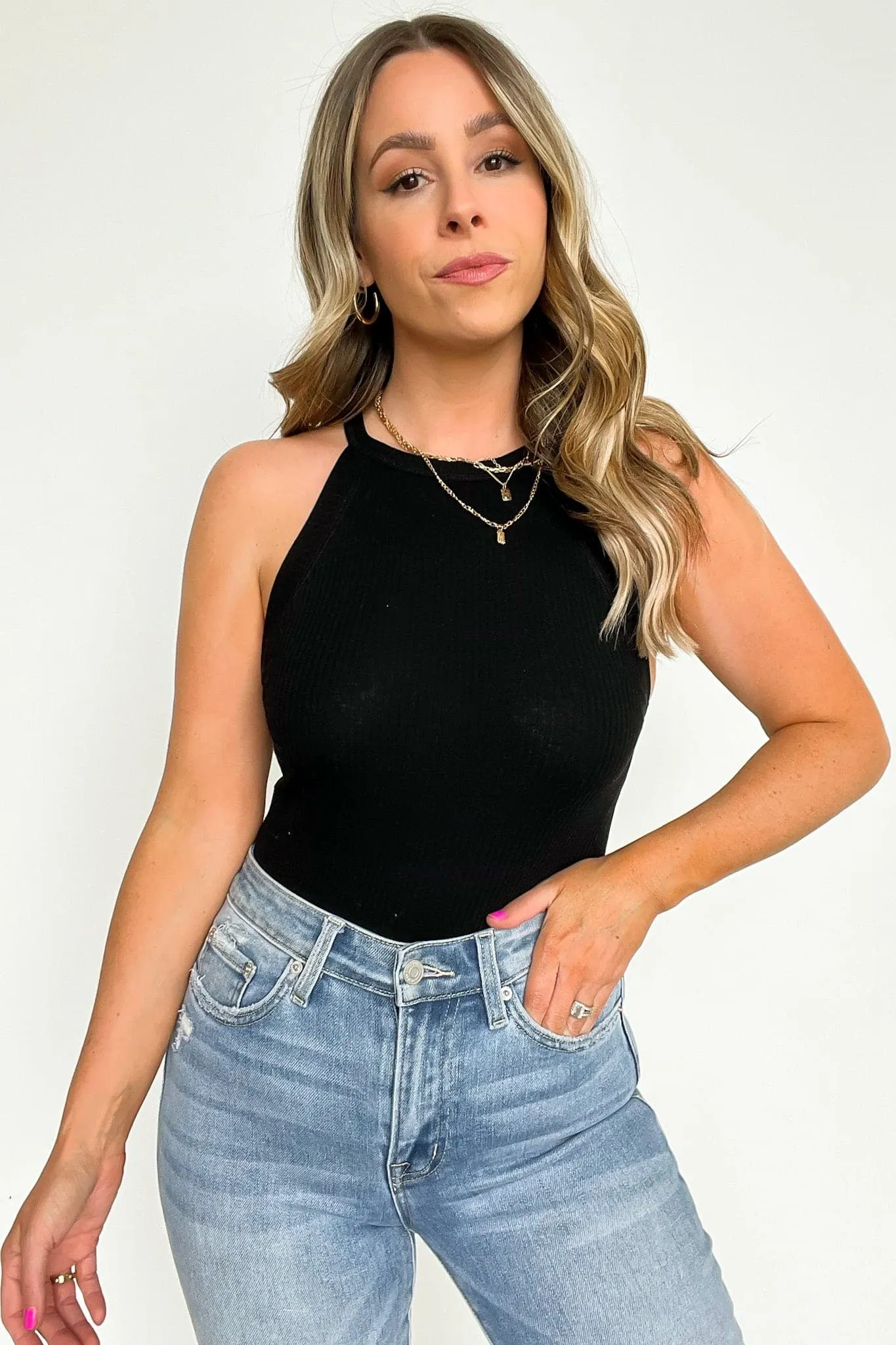 Delphina Ribbed High Neck Tank Top