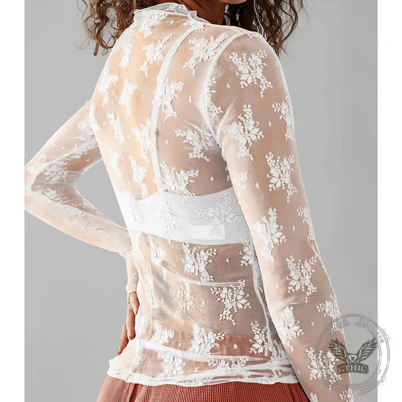 Floral Embroidery Mesh Sheer Long Sleeve T-shirt