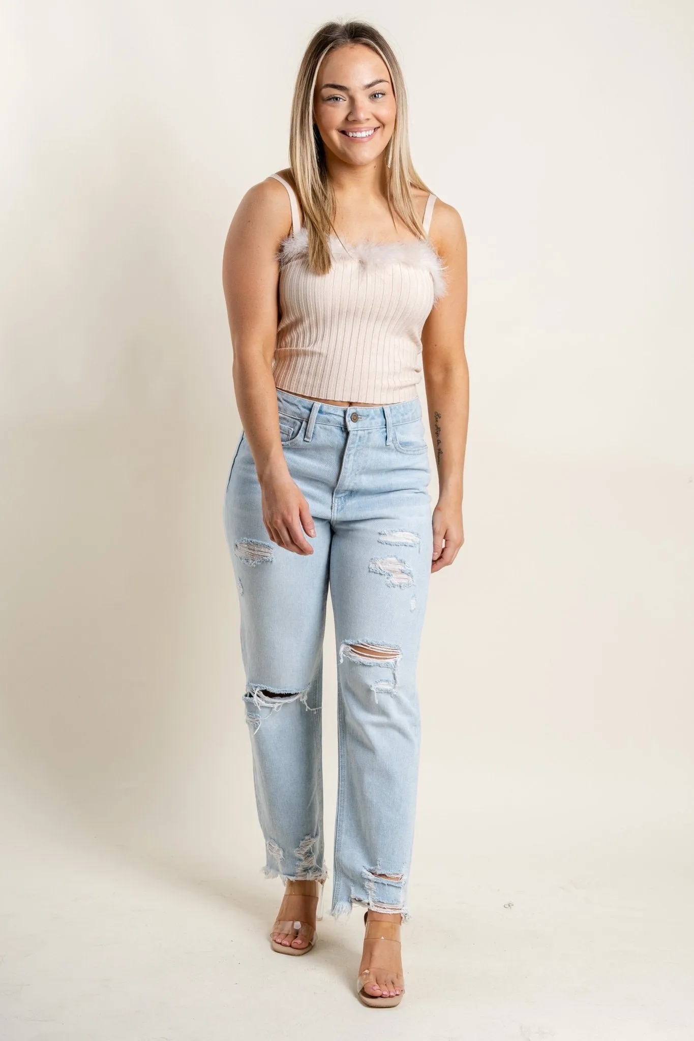 Fur trim tank top cream