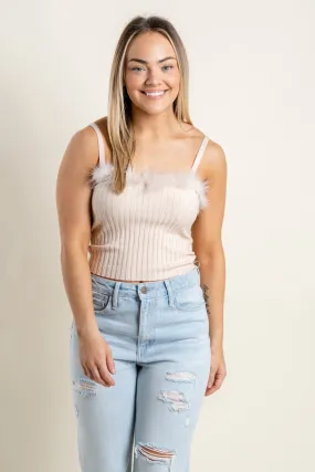 Fur trim tank top cream