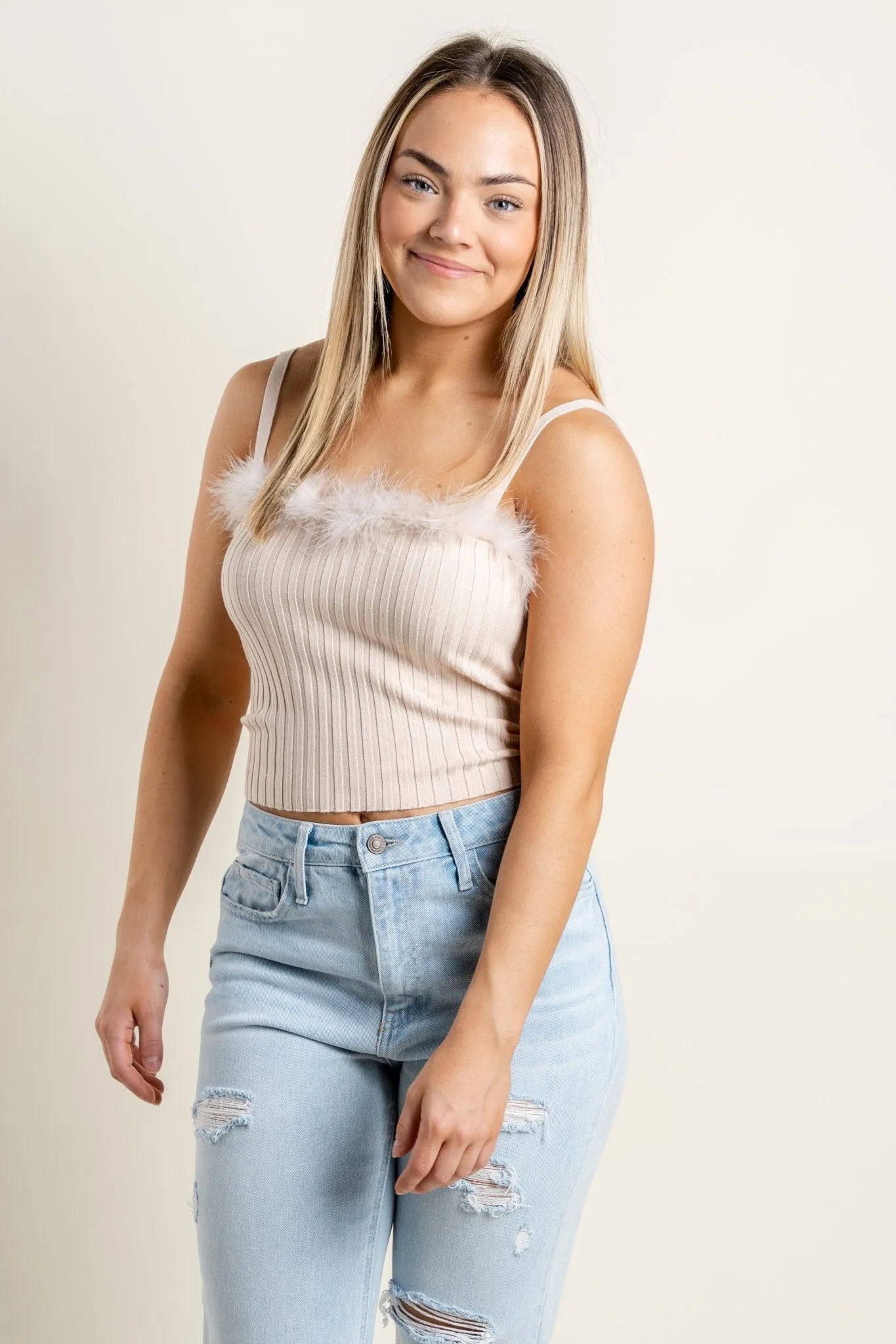 Fur trim tank top cream