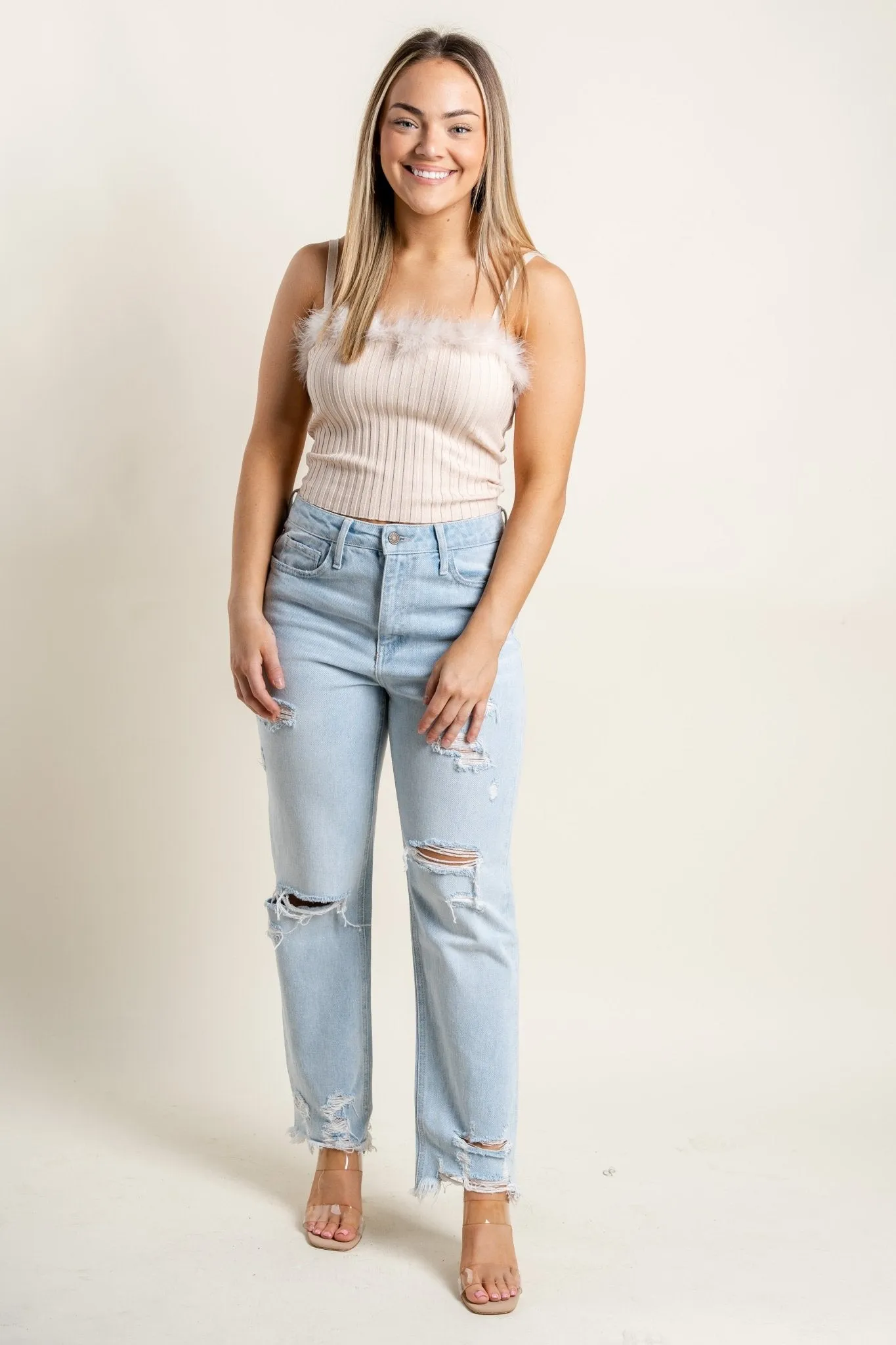Fur trim tank top cream