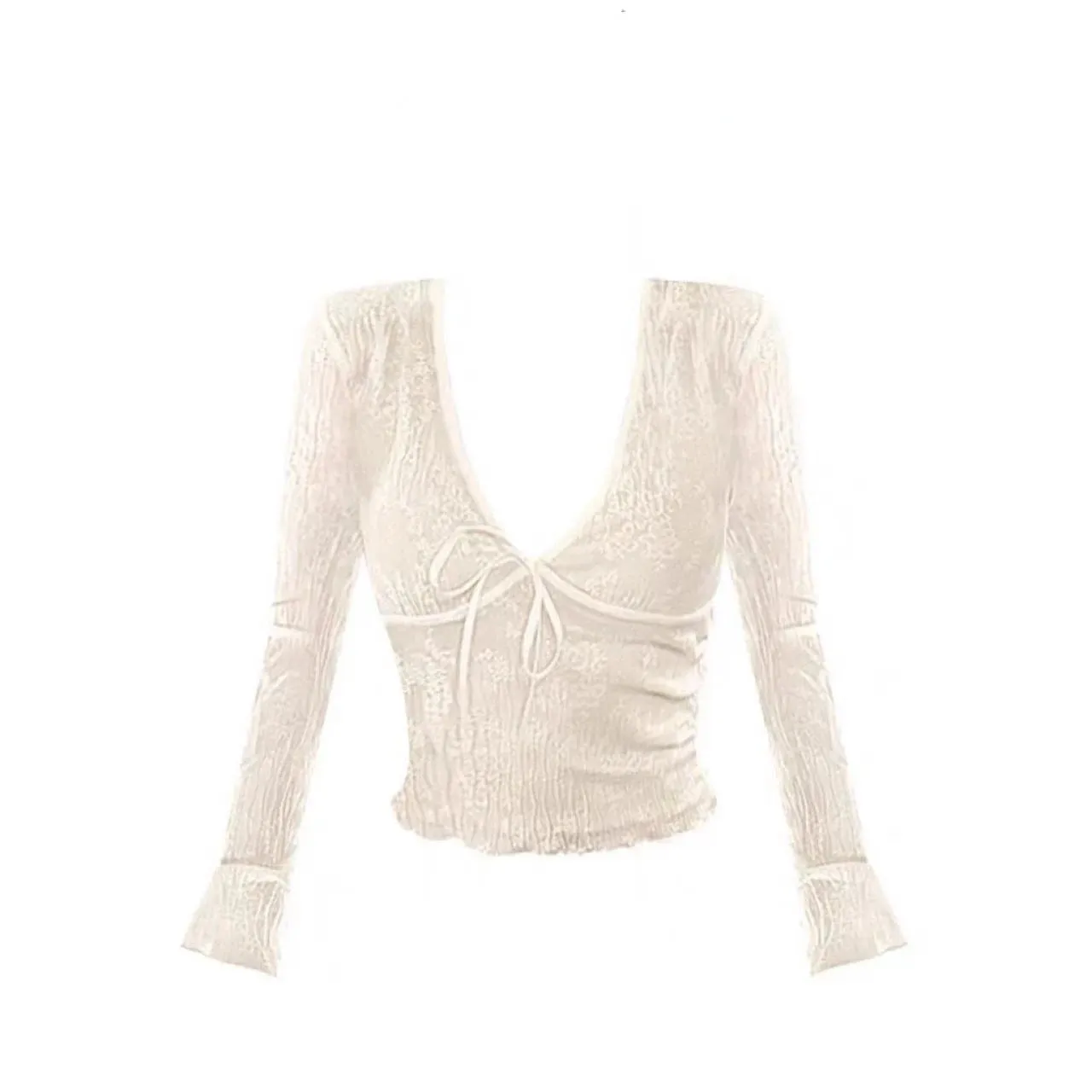 Girlary 2024 Coquette Aesthetic Mesh T Shirts Women Vintage V Neck Lace Bow Cropped Tops Y2k Sexy Slim Fit Long Sleeve Tee Shirts