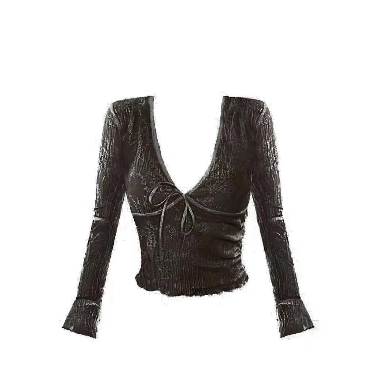 Girlary 2024 Coquette Aesthetic Mesh T Shirts Women Vintage V Neck Lace Bow Cropped Tops Y2k Sexy Slim Fit Long Sleeve Tee Shirts