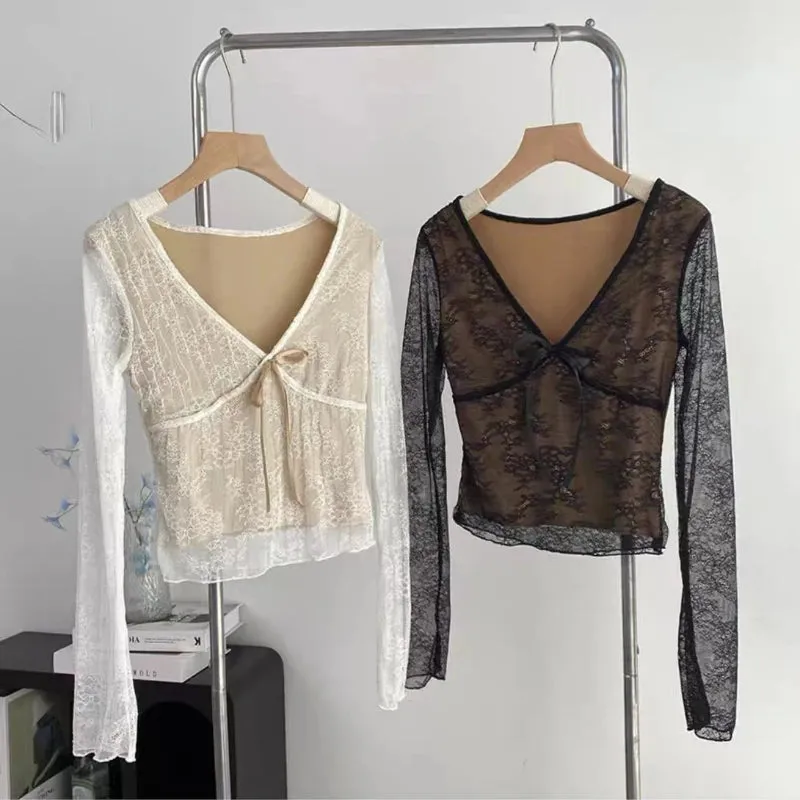 Girlary 2024 Coquette Aesthetic Mesh T Shirts Women Vintage V Neck Lace Bow Cropped Tops Y2k Sexy Slim Fit Long Sleeve Tee Shirts