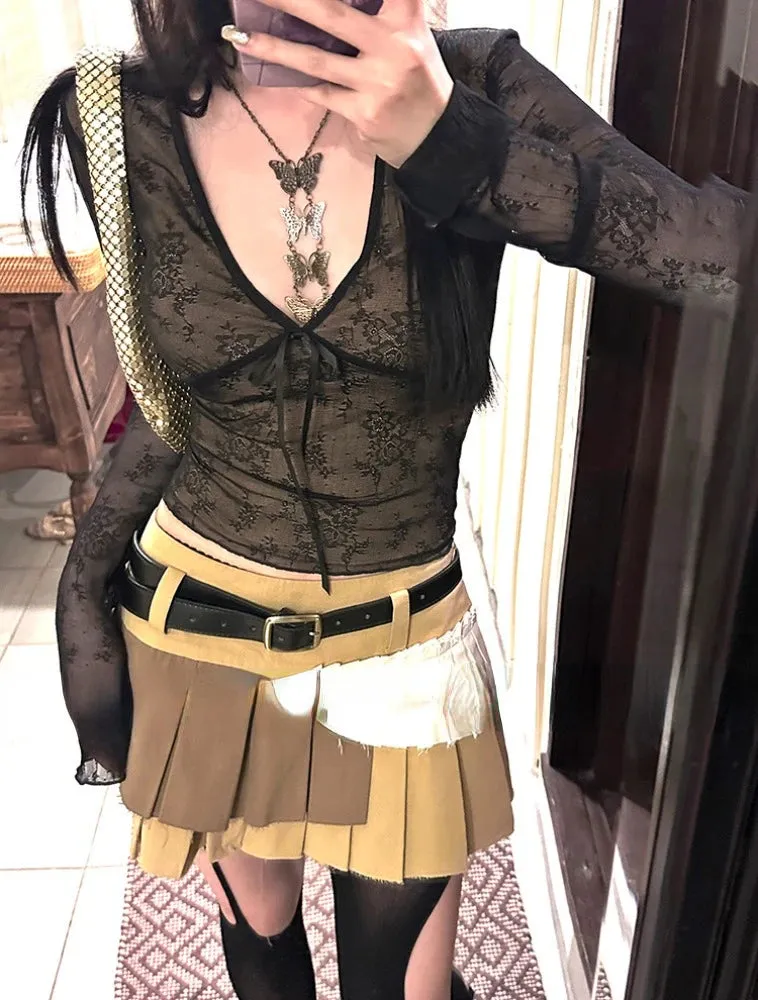 Girlary 2024 Coquette Aesthetic Mesh T Shirts Women Vintage V Neck Lace Bow Cropped Tops Y2k Sexy Slim Fit Long Sleeve Tee Shirts