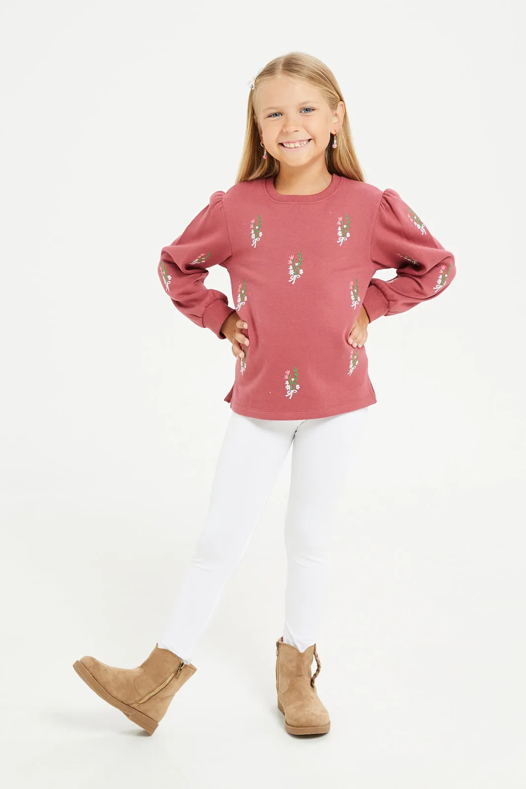 Girls Burgundy Embroidered Sweatshirt