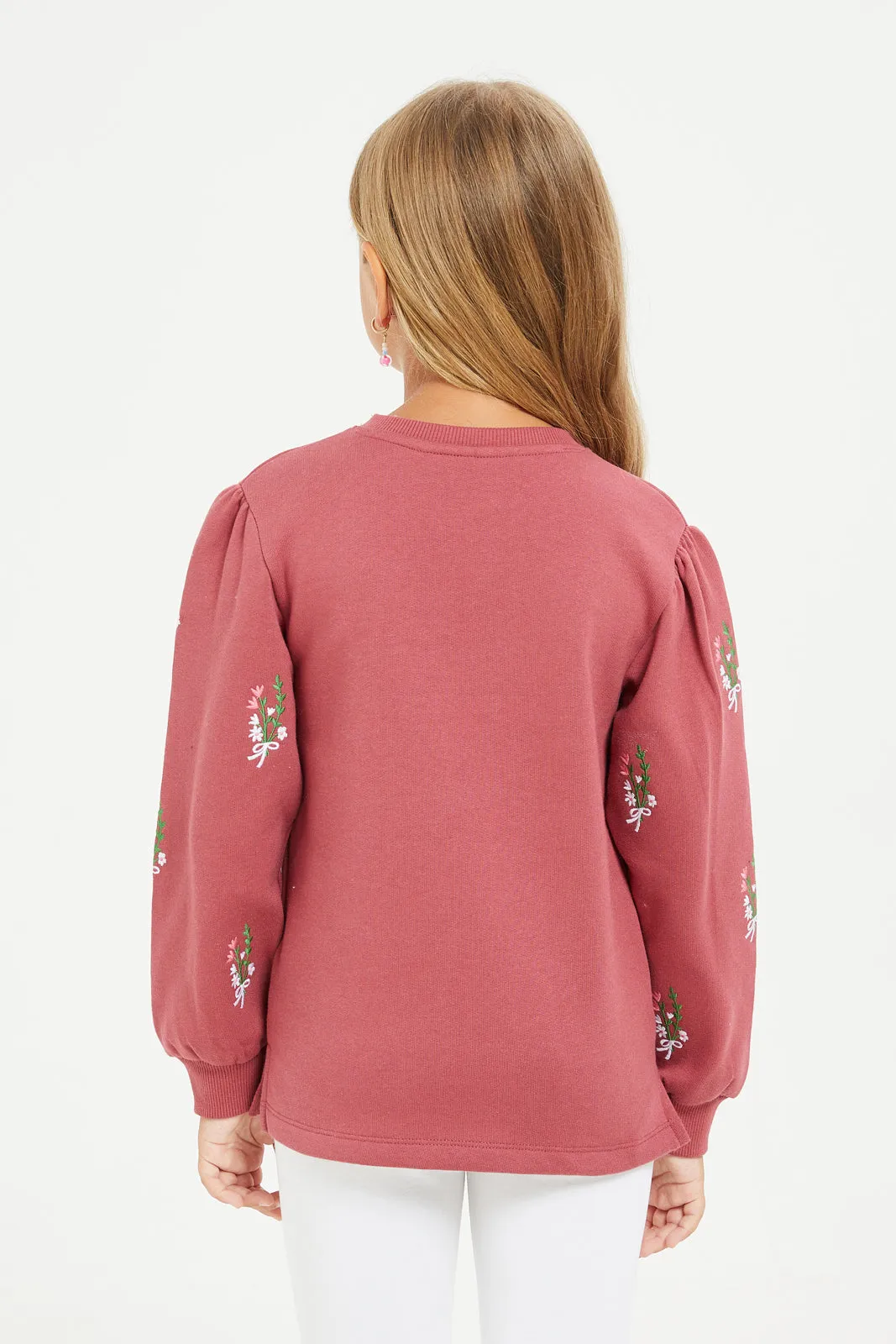 Girls Burgundy Embroidered Sweatshirt