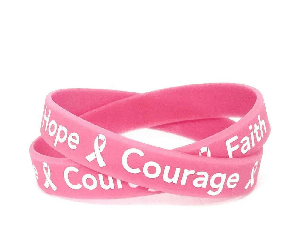 Hope Courage Faith Pink Rubber Bracelet Wristband - XL 9"
