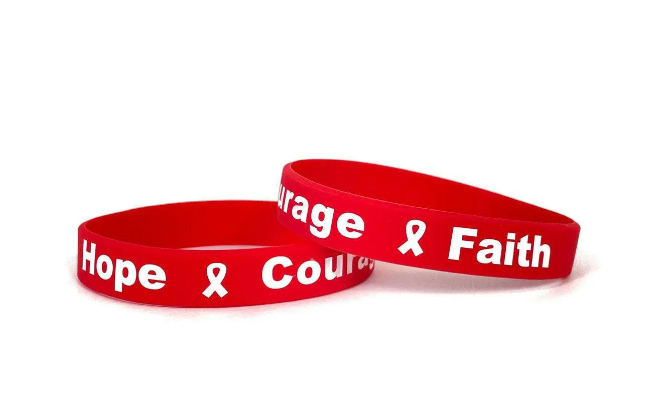 Hope Courage Faith Red Rubber Bracelet Wristband - Large 8"