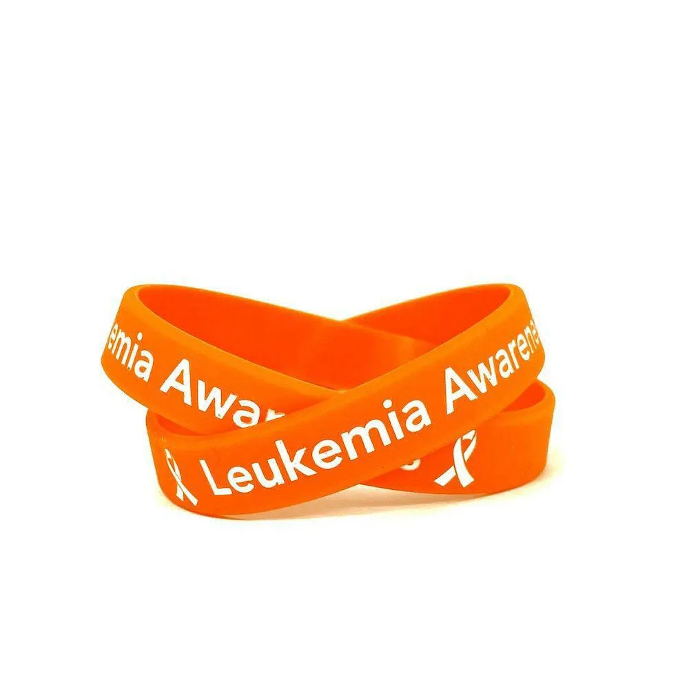 Leukemia Awareness Orange Rubber Bracelet Wristband White Letters - Adult 8"