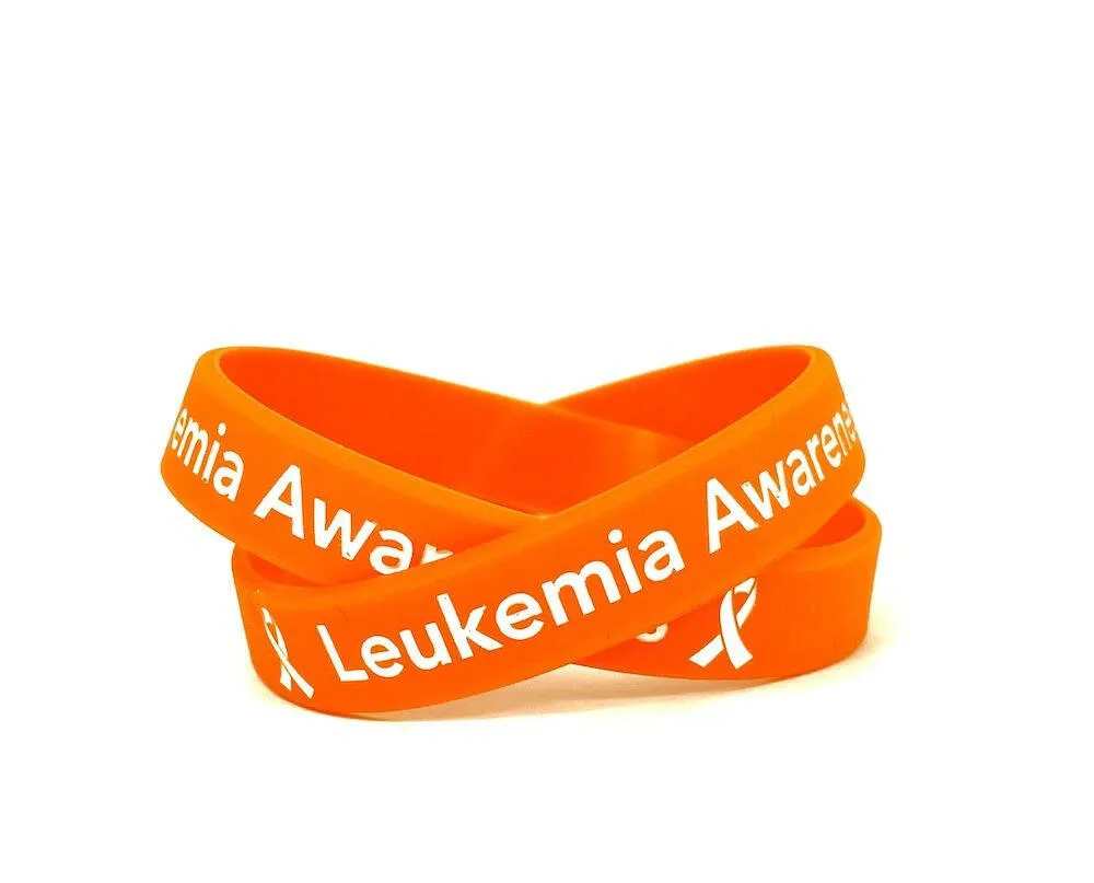 Leukemia Awareness Orange Rubber Bracelet Wristband White Letters - Adult 8"