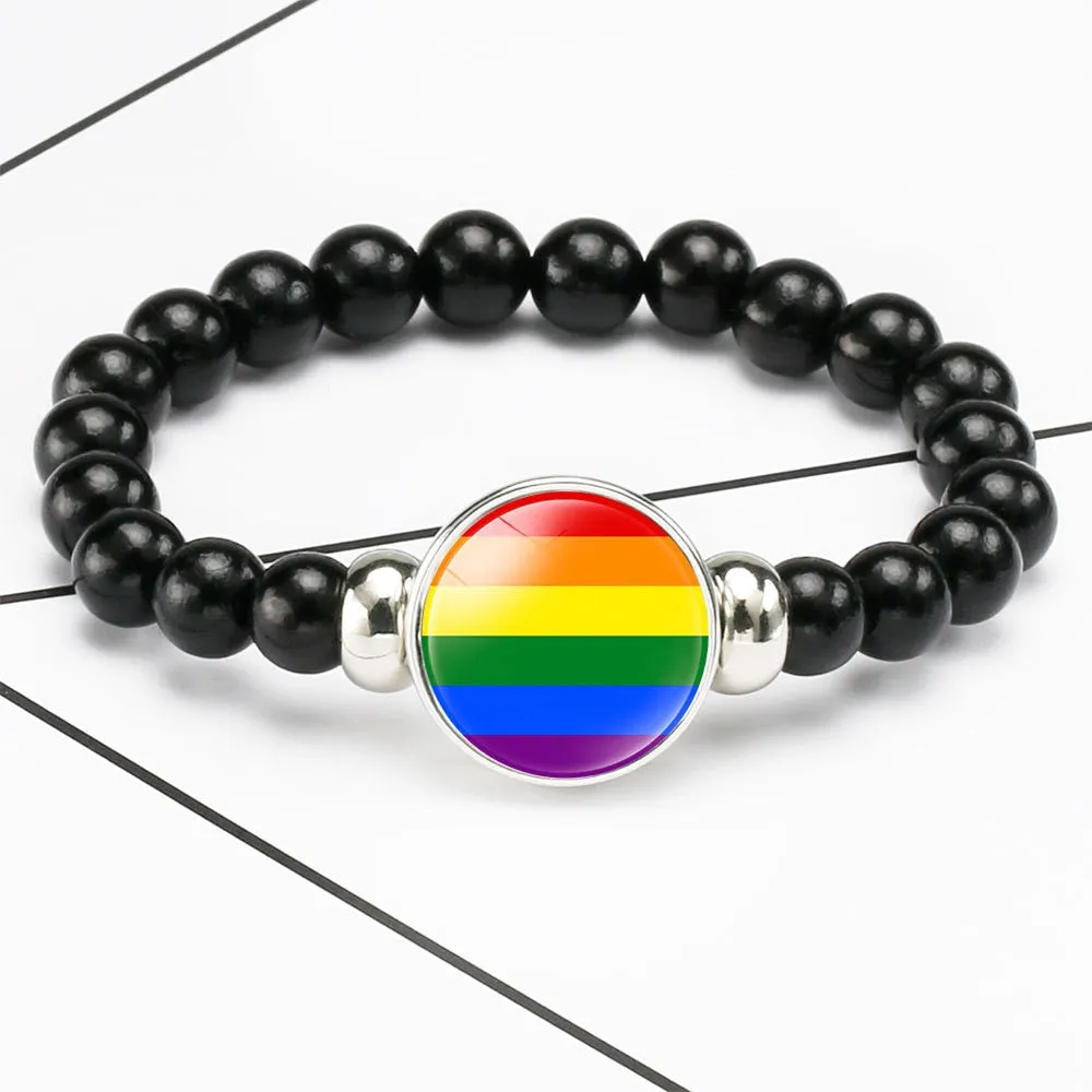 LGBT Rainbow Pride Bracelet With Identity Charm Elastic Rope Handmade Beaded Bracelet