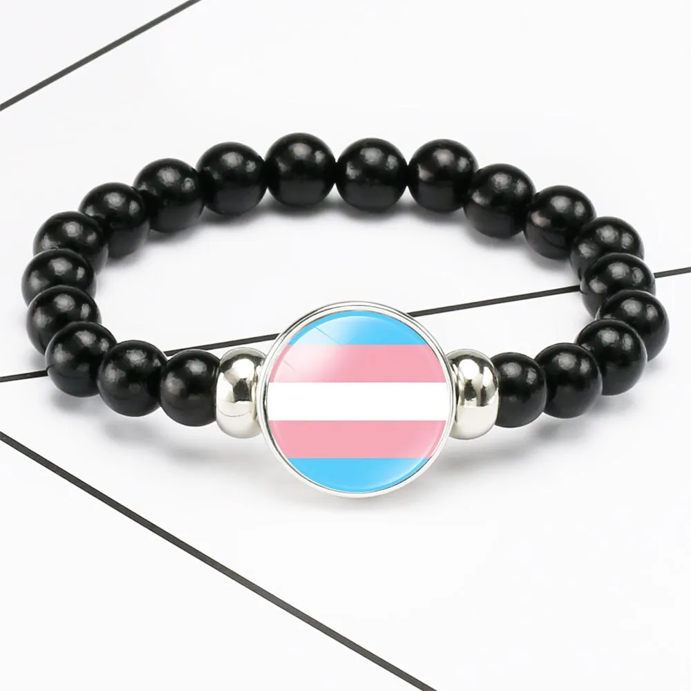 LGBT Rainbow Pride Bracelet With Identity Charm Elastic Rope Handmade Beaded Bracelet