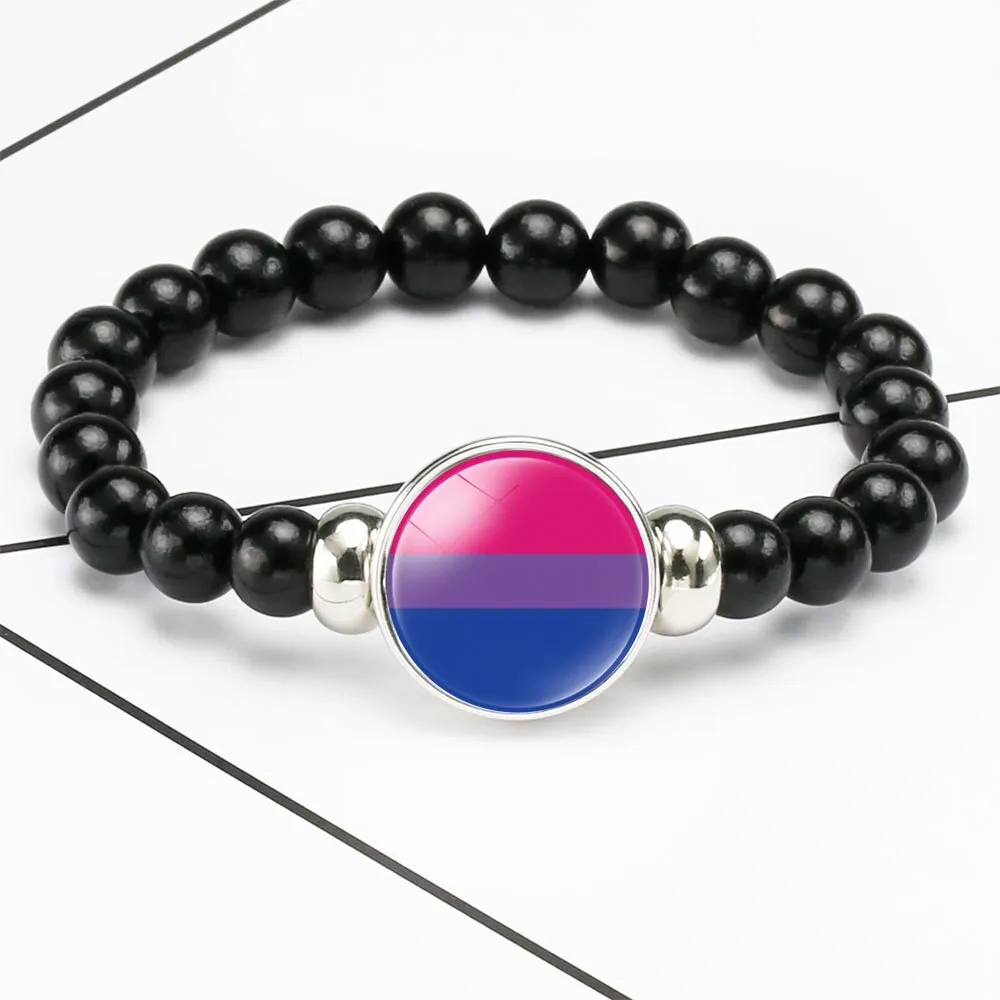 LGBT Rainbow Pride Bracelet With Identity Charm Elastic Rope Handmade Beaded Bracelet