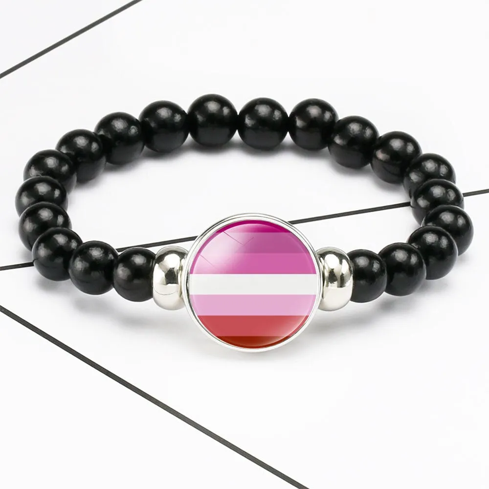 LGBT Rainbow Pride Bracelet With Identity Charm Elastic Rope Handmade Beaded Bracelet