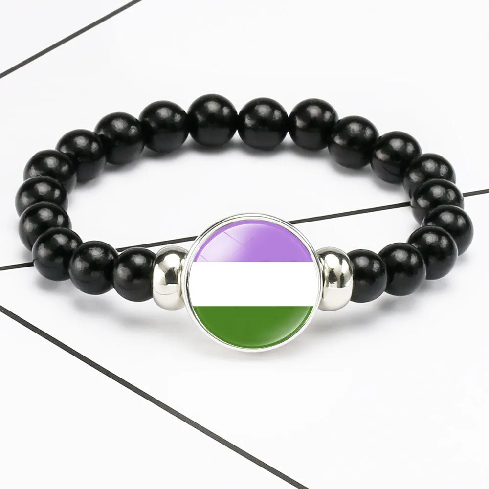 LGBT Rainbow Pride Bracelet With Identity Charm Elastic Rope Handmade Beaded Bracelet