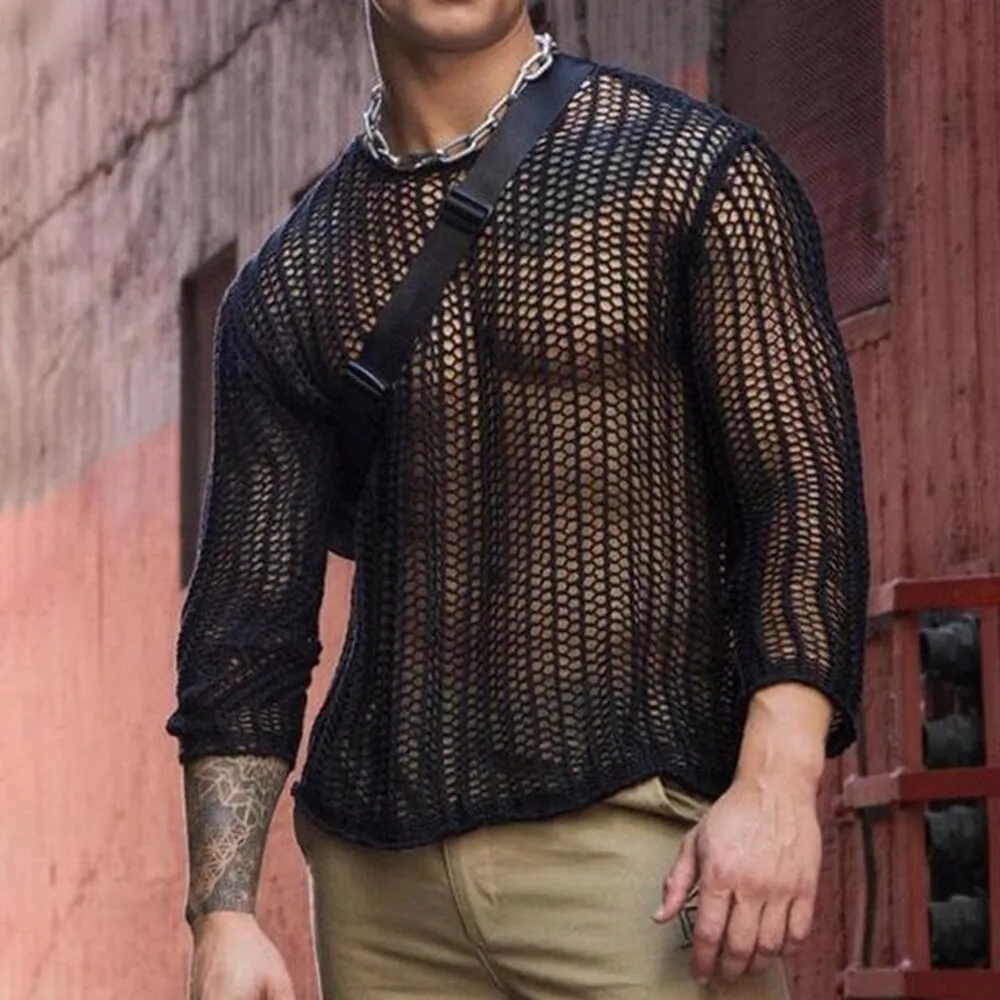 Men's hollow fashion sexy mesh see-through T-shirt