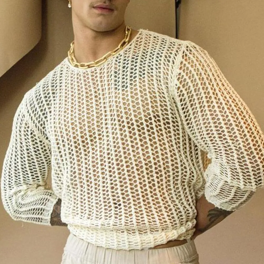 Men's hollow fashion sexy mesh see-through T-shirt
