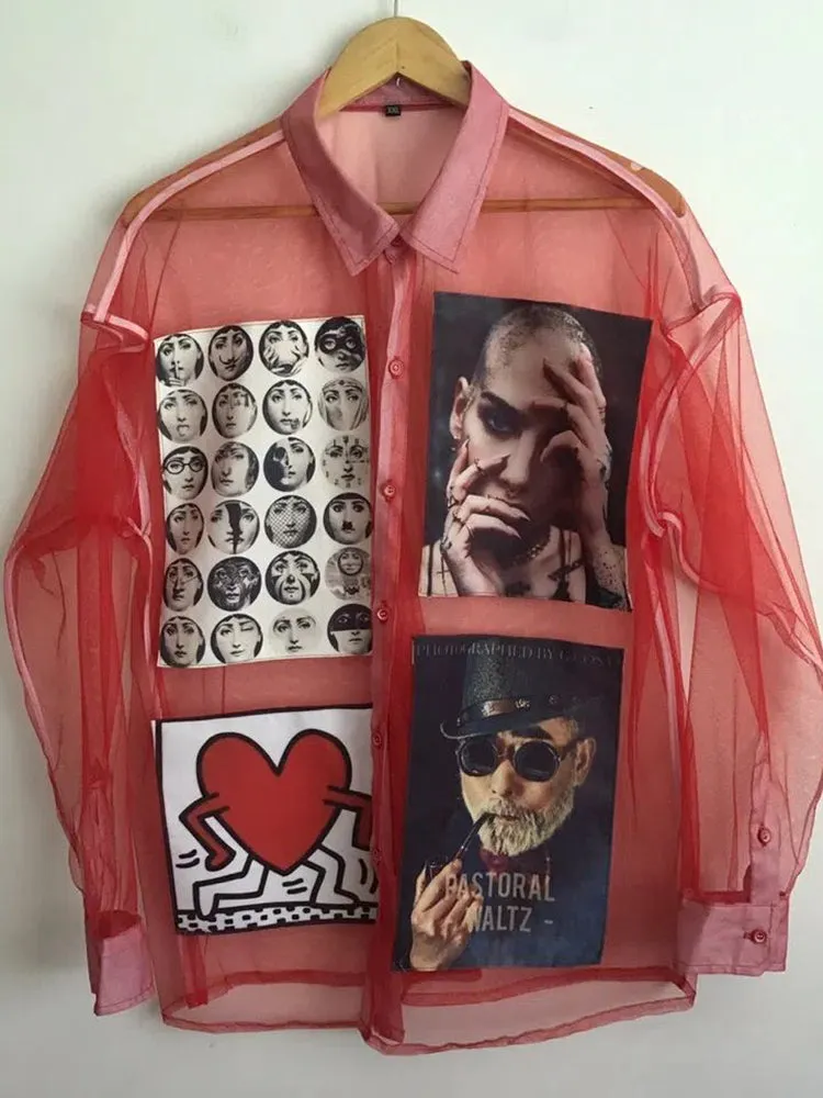 Mens Transparent Mesh Printed Shirt
