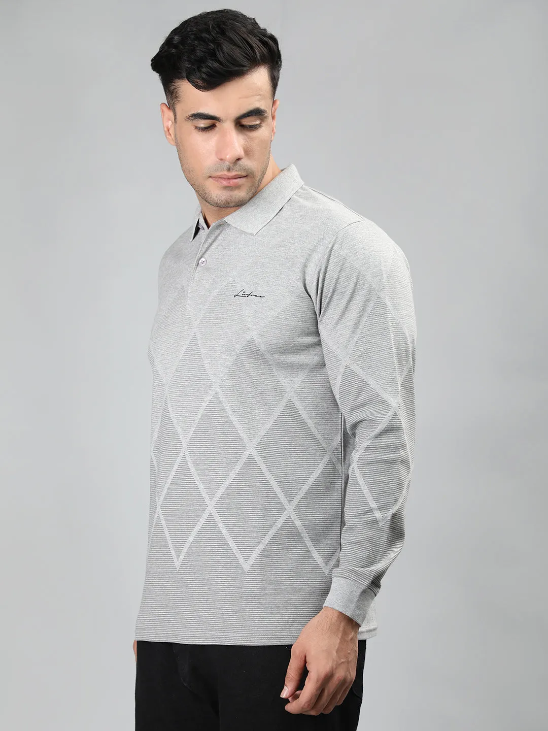 Neva Men Polo Neck Full Sleeves T-shirt Diamond pattern -15%Milange Grey