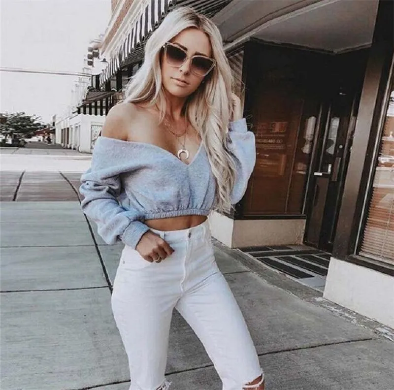 New Fashion Sexy Women Autumn Crop Hoodies Long Sleeve Casual Female Cotton Sweatshirts Deep-V Neck Off Shoulder Street Wear