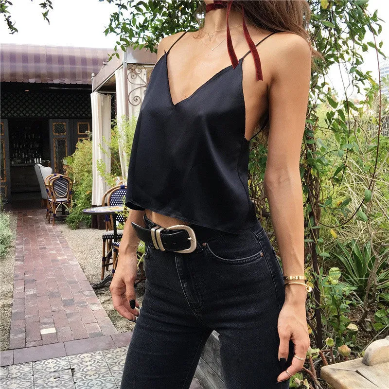 Pure Color Spaghetti Strap Backless Loose Tank Top