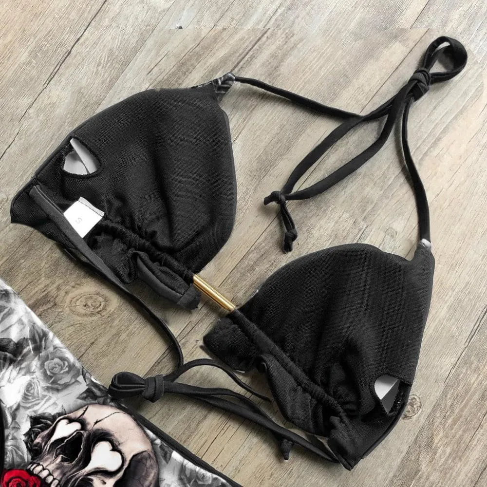 Red Skull Rose Bandage Bikini Set, Sexy Spaghetti Swimsuite For Women