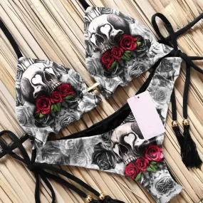 Red Skull Rose Bandage Bikini Set, Sexy Spaghetti Swimsuite For Women