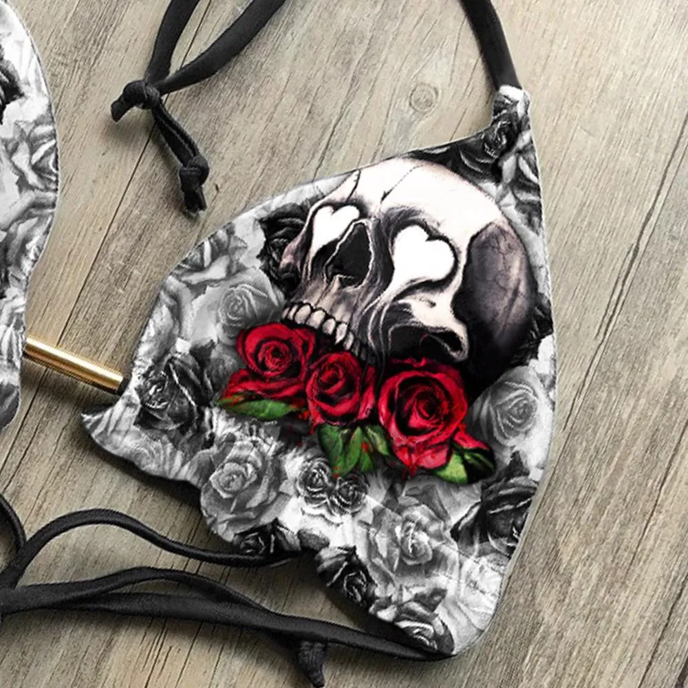 Red Skull Rose Bandage Bikini Set, Sexy Spaghetti Swimsuite For Women