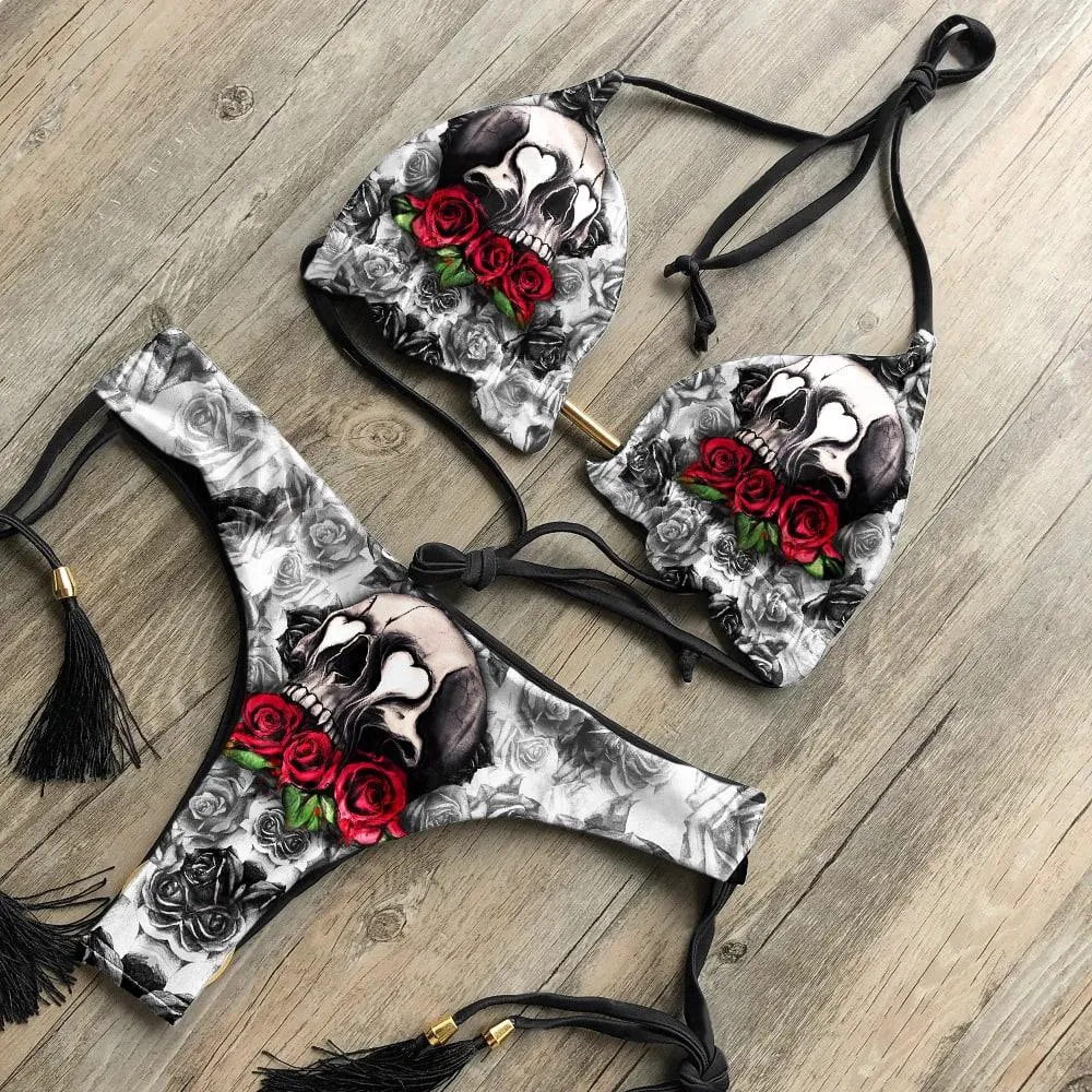 Red Skull Rose Bandage Bikini Set, Sexy Spaghetti Swimsuite For Women