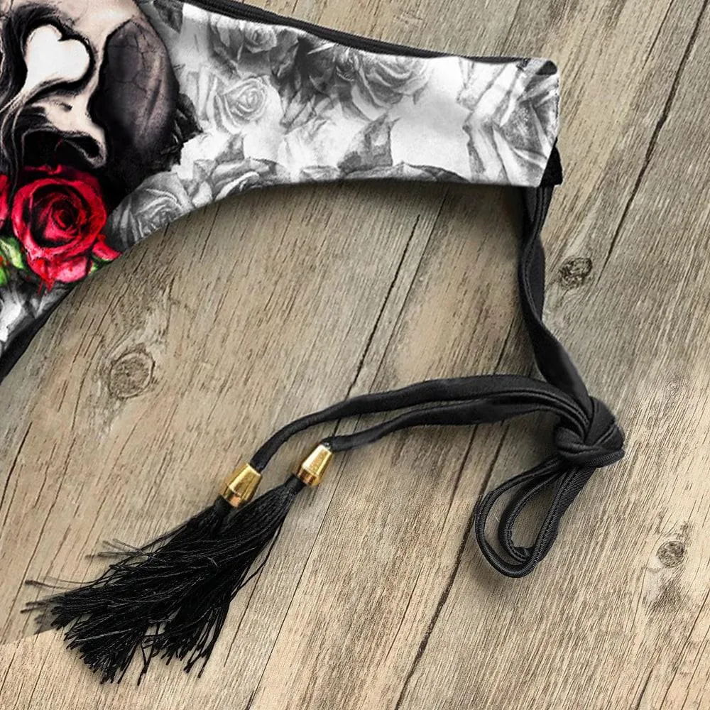 Red Skull Rose Bandage Bikini Set, Sexy Spaghetti Swimsuite For Women