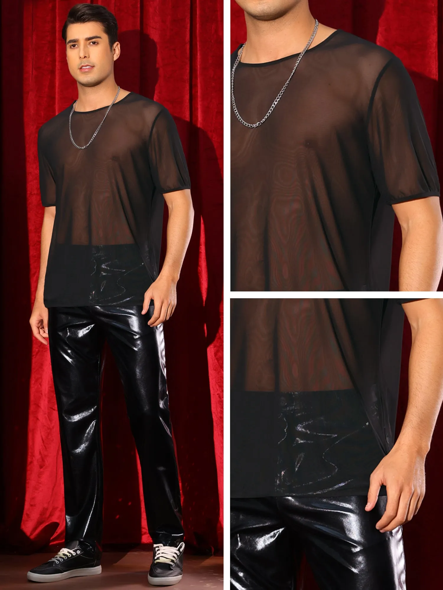 Sheer Mesh T-Shirt for Men's Short Sleeve Tee Top Crew Neck Party See Through t Shirts