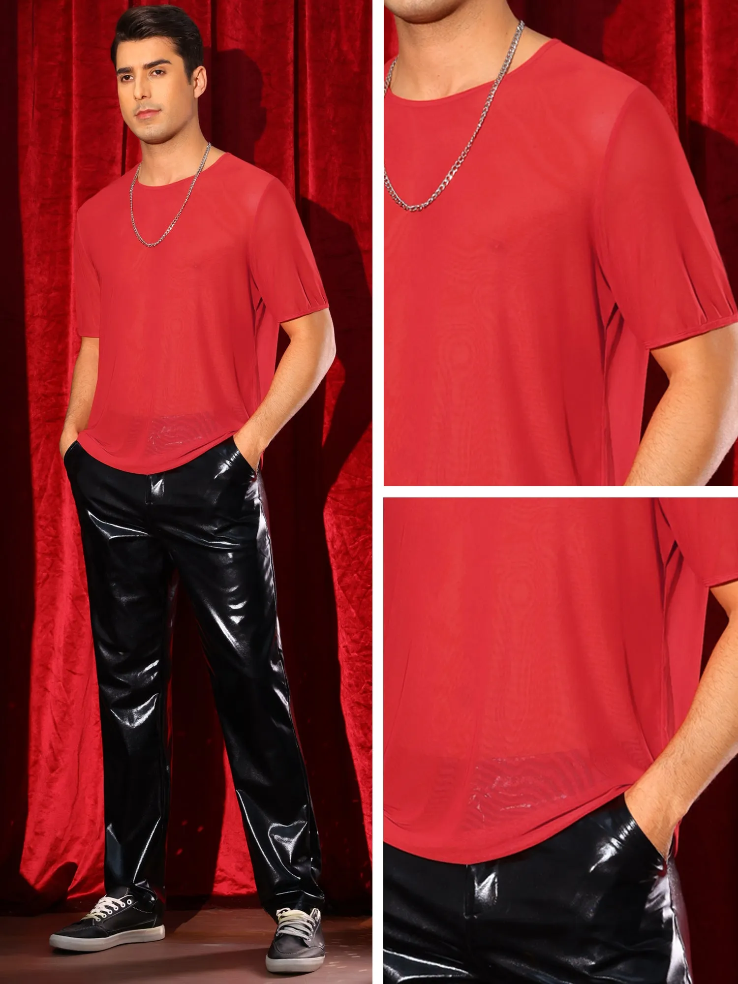 Sheer Mesh T-Shirt for Men's Short Sleeve Tee Top Crew Neck Party See Through t Shirts