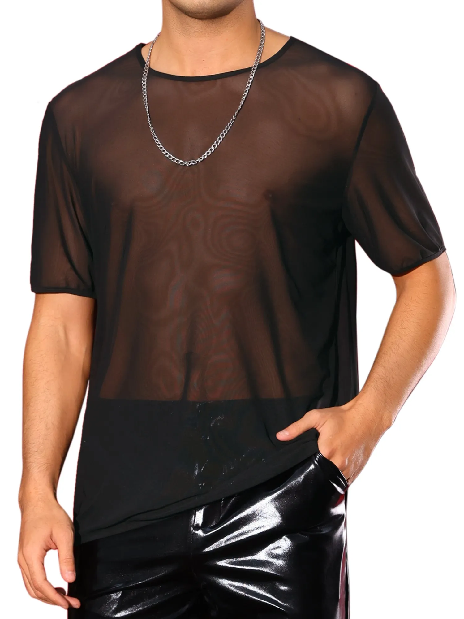 Sheer Mesh T-Shirt for Men's Short Sleeve Tee Top Crew Neck Party See Through t Shirts