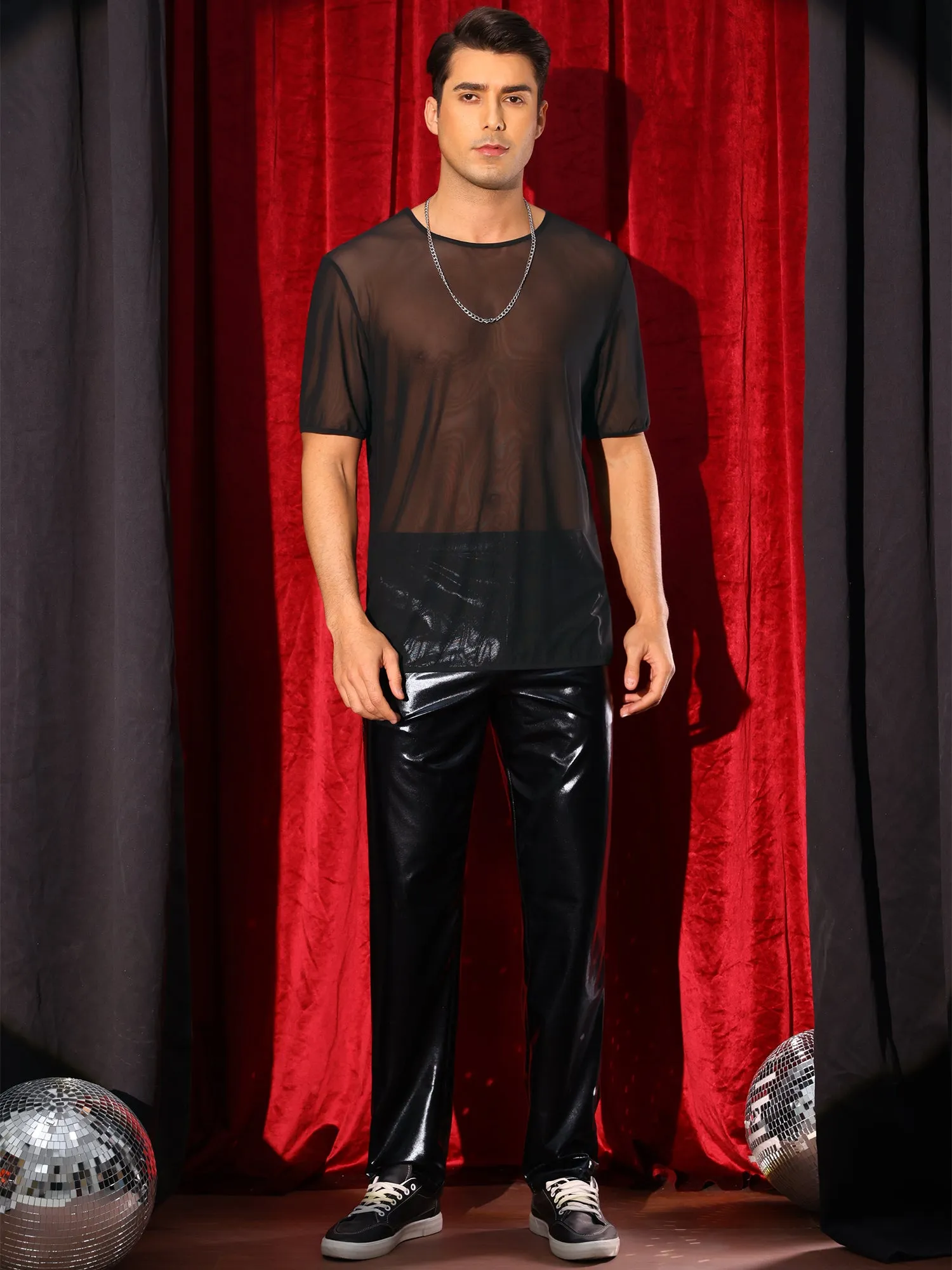 Sheer Mesh T-Shirt for Men's Short Sleeve Tee Top Crew Neck Party See Through t Shirts