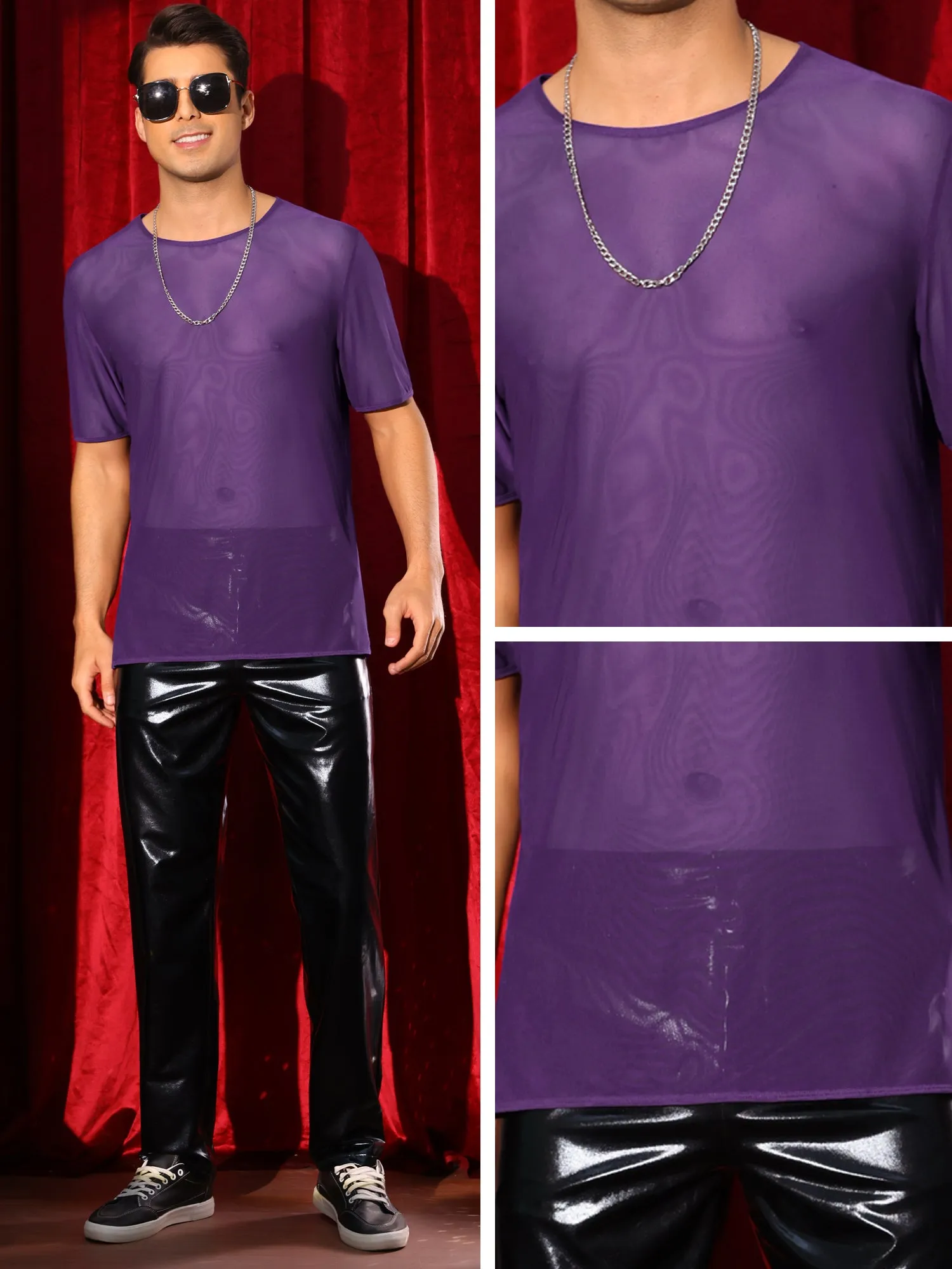 Sheer Mesh T-Shirt for Men's Short Sleeve Tee Top Crew Neck Party See Through t Shirts
