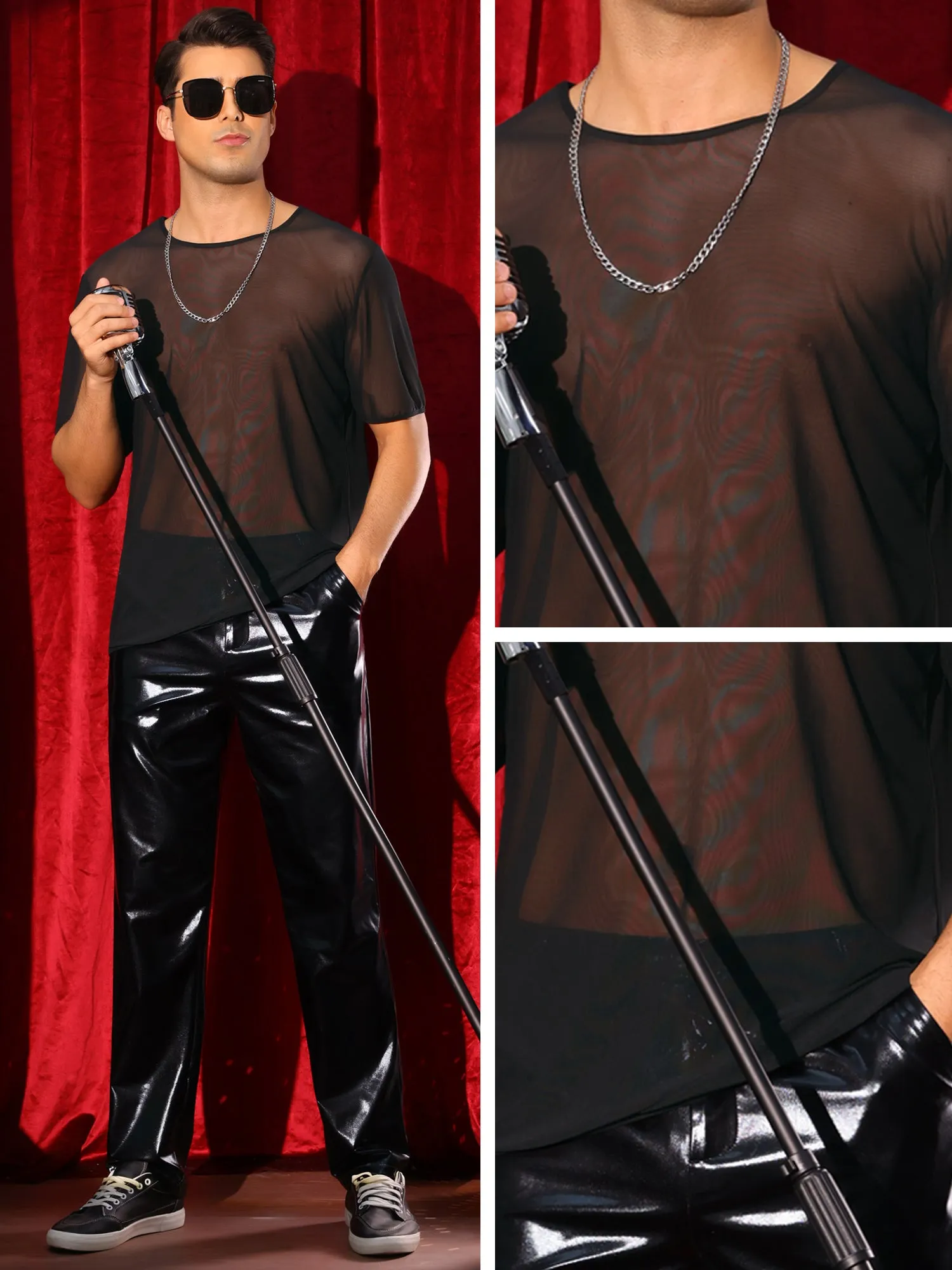 Sheer Mesh T-Shirt for Men's Short Sleeve Tee Top Crew Neck Party See Through t Shirts