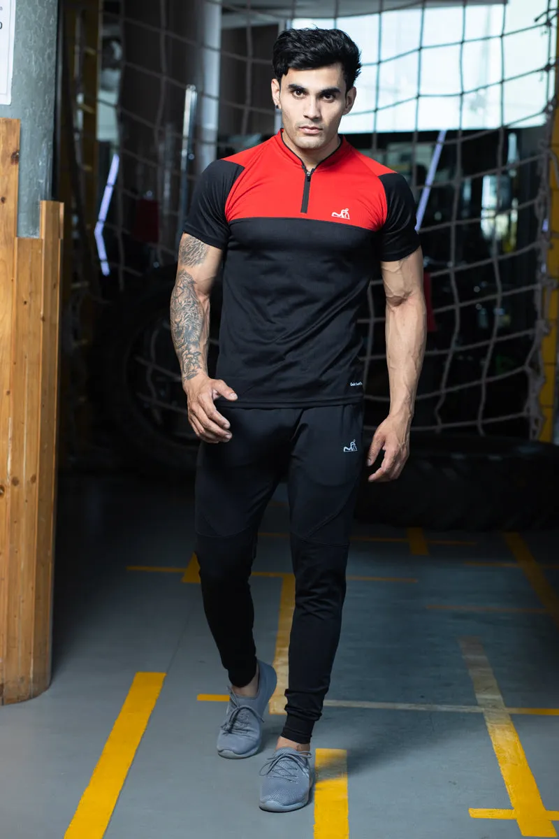 Stand Neck Semi Collar T-Shirts Charcoal Red (D)